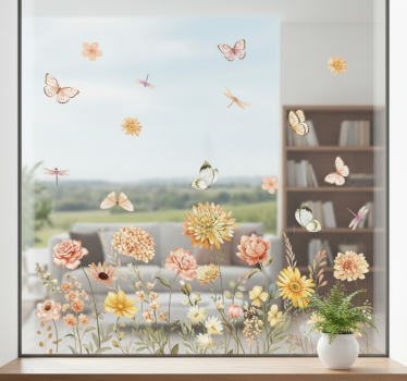 Vindues klistermærke vildblomstereng med sommerfugle - TenStickers