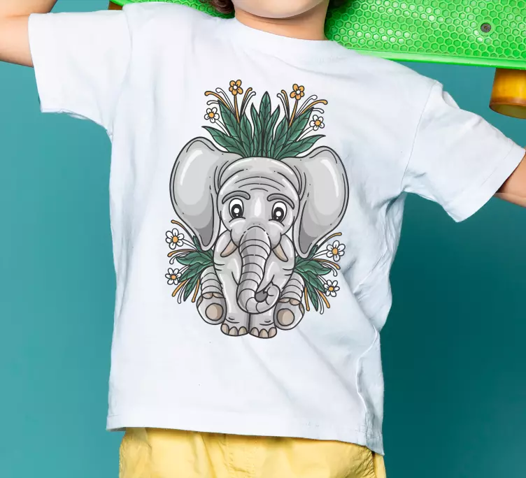 Tegneserie elefant og blomster børn t-shirt - TenStickers