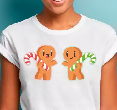 Dansende gingerman med candy cane jul tee shirts - TenStickers