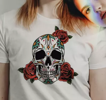 Original t-shirt farverige kranier og roser - TenStickers