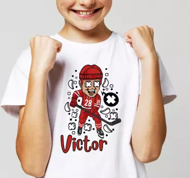 Sjov hockeyspiller med navn børnetrøje - TenStickers