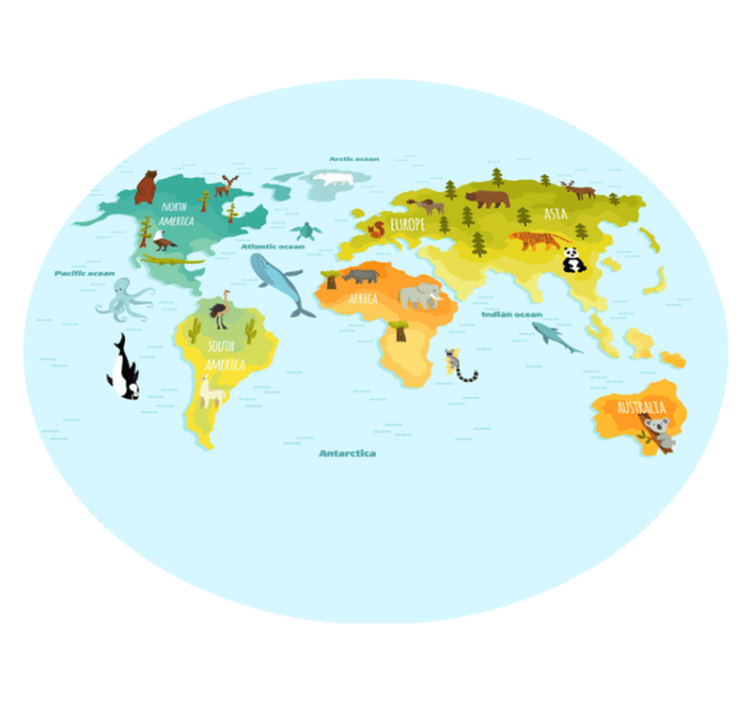 Illustreret dyrekort verdenskort vinyl tæppe - TenStickers