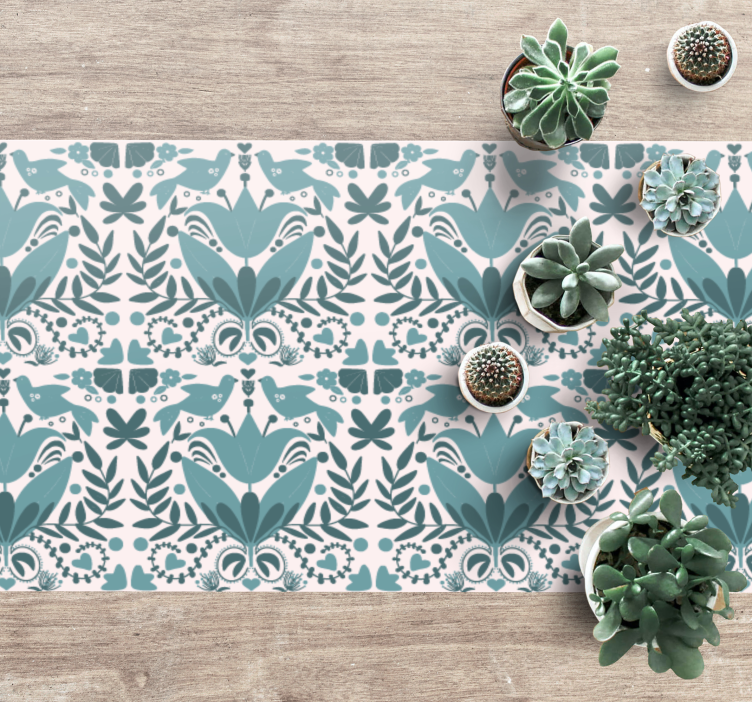 Blå folkekunstmønster med fugleblomstret tæppe - TenStickers