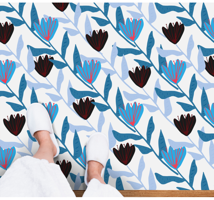 Blå og sort illustrerede tulipaner blomster tæppe - TenStickers