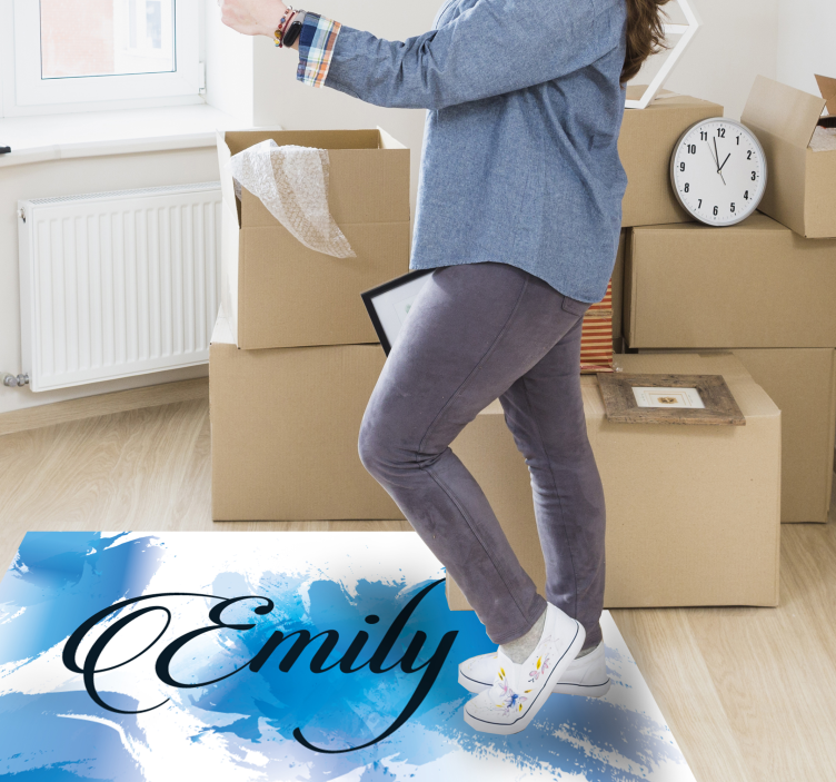 Blå stænk med navn vinyl tæppe til teenagere - TenStickers