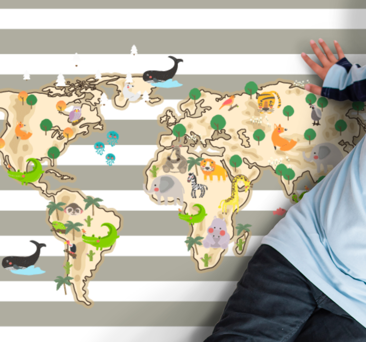 Farverig dyr illustration verdenskort vinyl tæppe - TenStickers