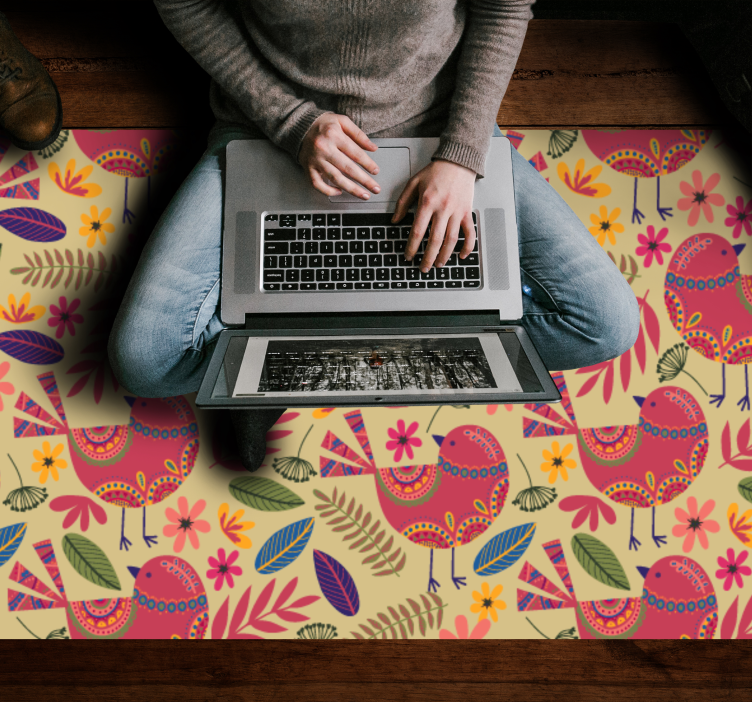 Farverige fuglemotiver Blomster og planter vinyltæppe - TenStickers