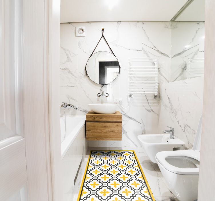 Grå og gule blomster mønster flise tæppe - TenStickers