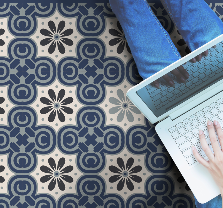 Hvidt og blåt klassisk mønster flisebelagt tæppe - TenStickers