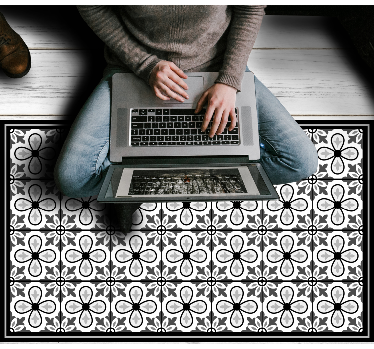 Gråt blomstermotiv vinyl tæppe med fliseeffekt - TenStickers