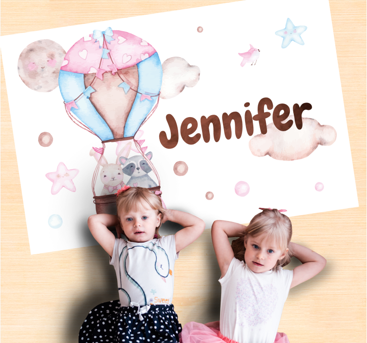 Varmluftballonflyvning vinyl tæppe med navn - TenStickers