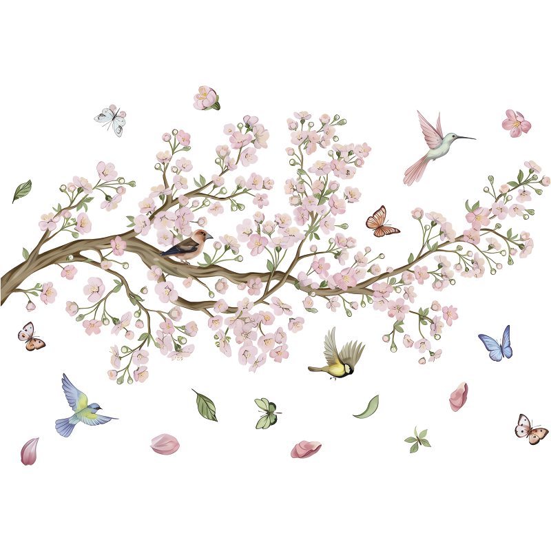 Blomster og planter vinyltæppe med kirsebærblomster og fugle - TenStickers
