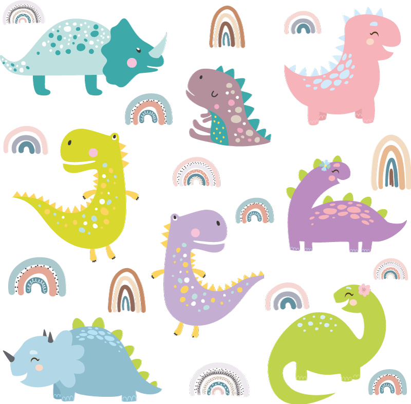 Vinyltæpper med dyr nordiske dinosaurer med regnbuer - TenStickers