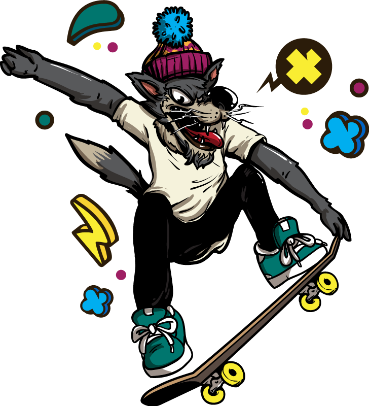 Vinyltæpper med dyr wolve på skateboard - TenStickers