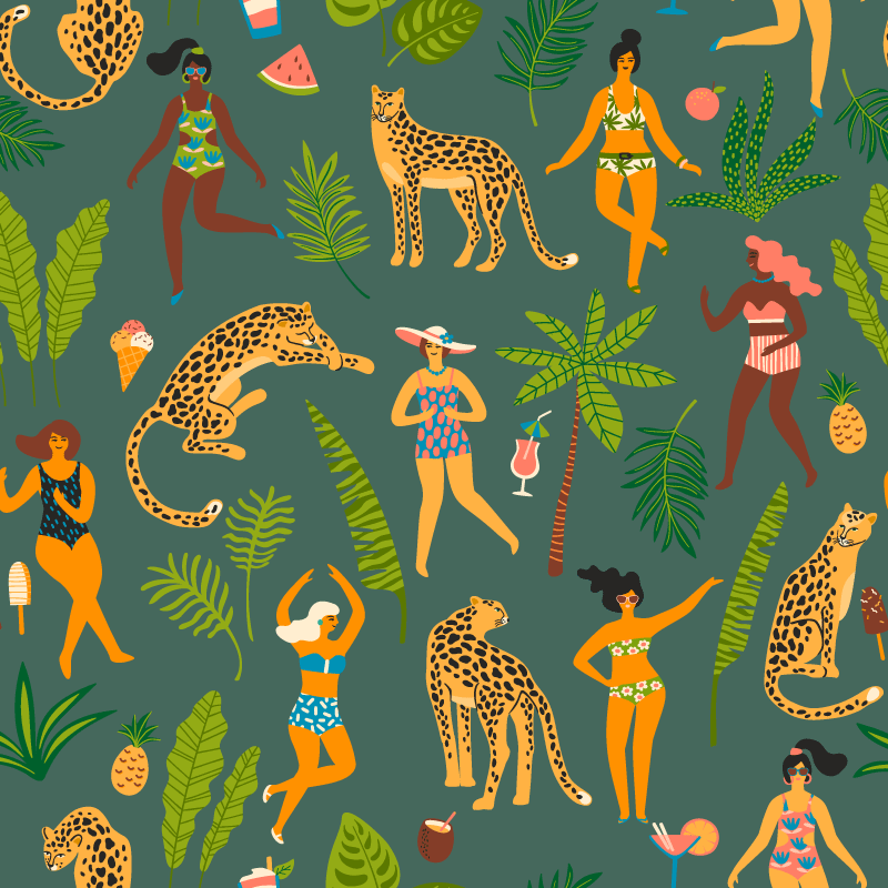 Vinyltæpper med dyr kvinder og leopardbaggrund - TenStickers
