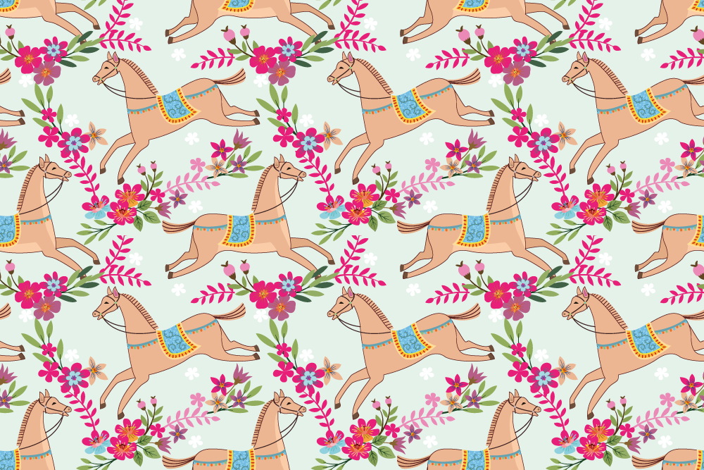 Vinyltæpper med dyr pink blomster hestemønster - TenStickers