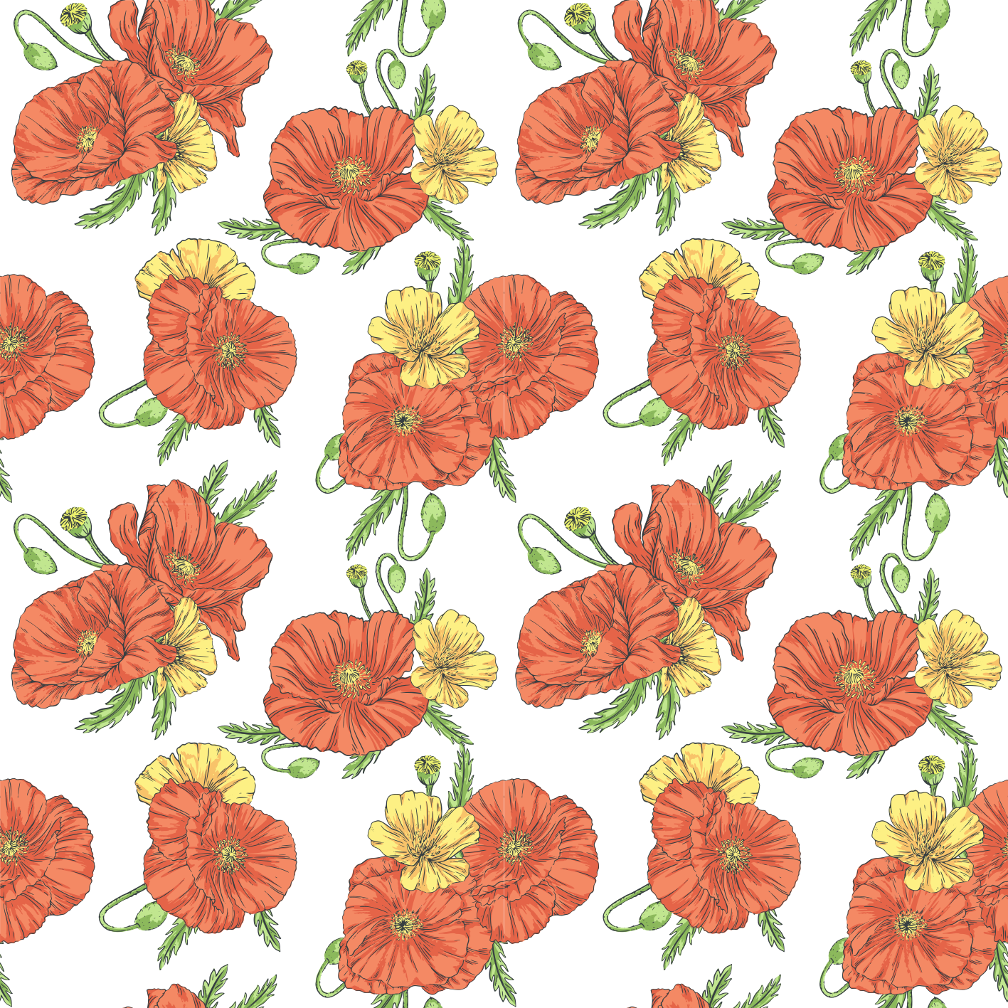 Blomster og planter vinyltæppe med valmuer på hvid baggrund - TenStickers