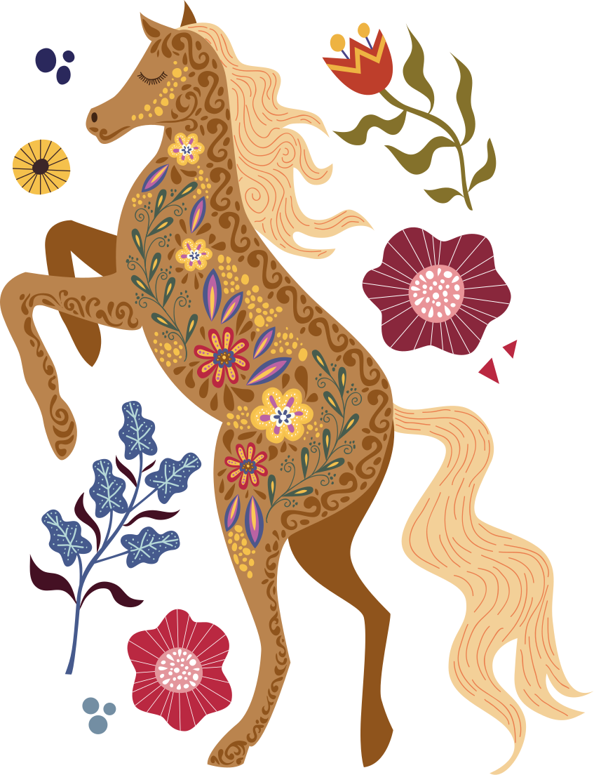 Blomster og planter vinyltæppe med vilde hesteillustrationer - TenStickers