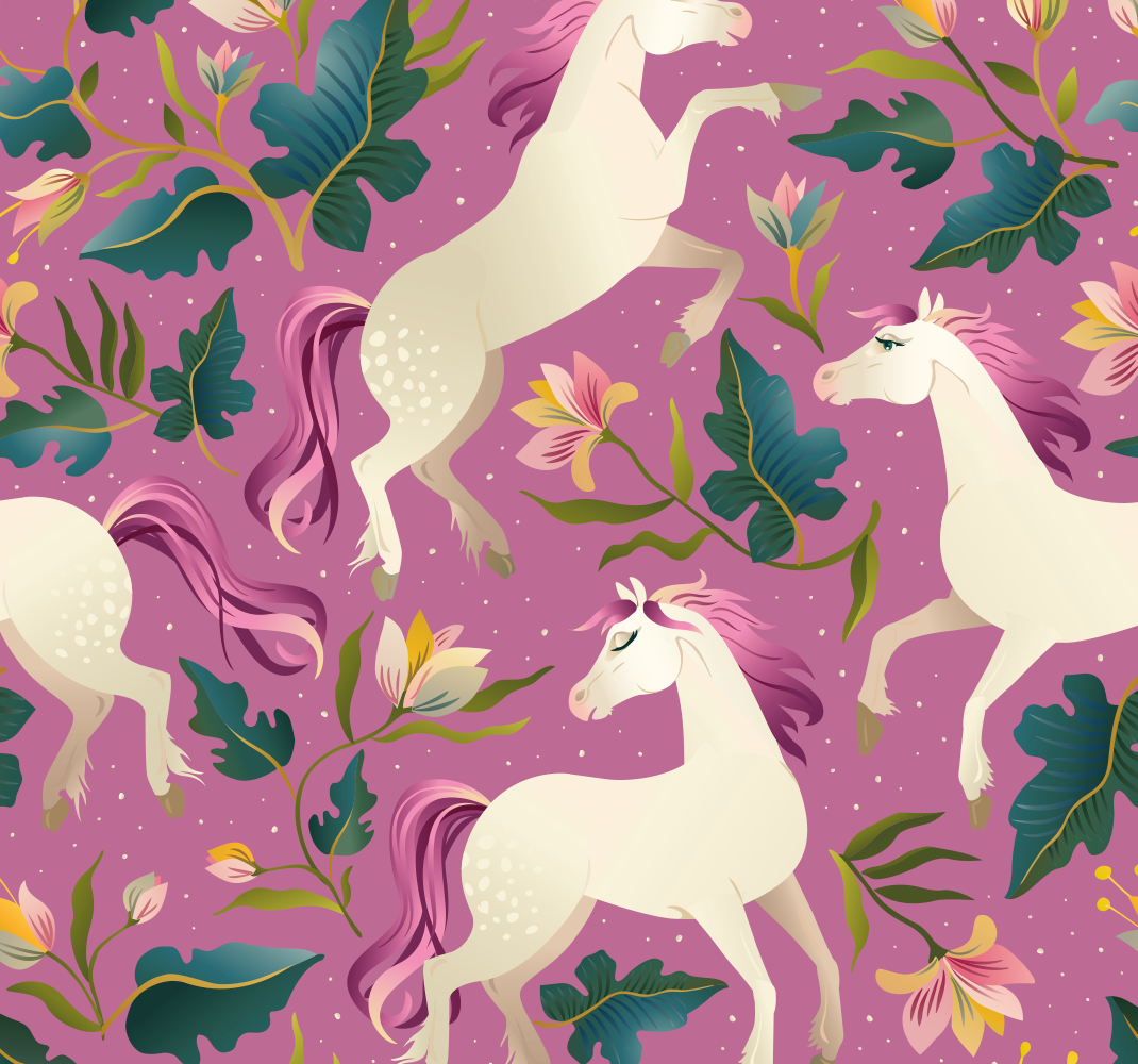Vinyltæppe til soveværelse med pink blomsterhest design - TenStickers