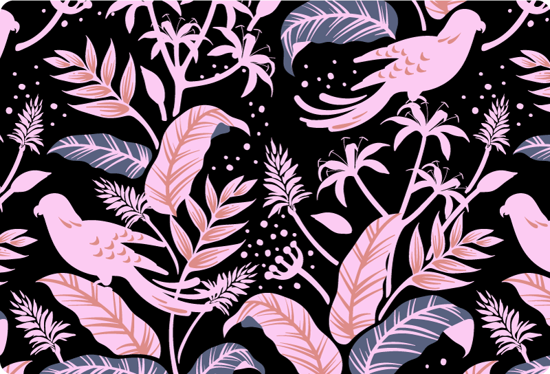 Blomster og planter vinyltæppe med sorte og lyserøde fugle - TenStickers