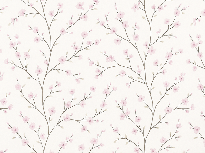 Vinyltæppe til soveværelse grå træ med lyserøde blomster - TenStickers