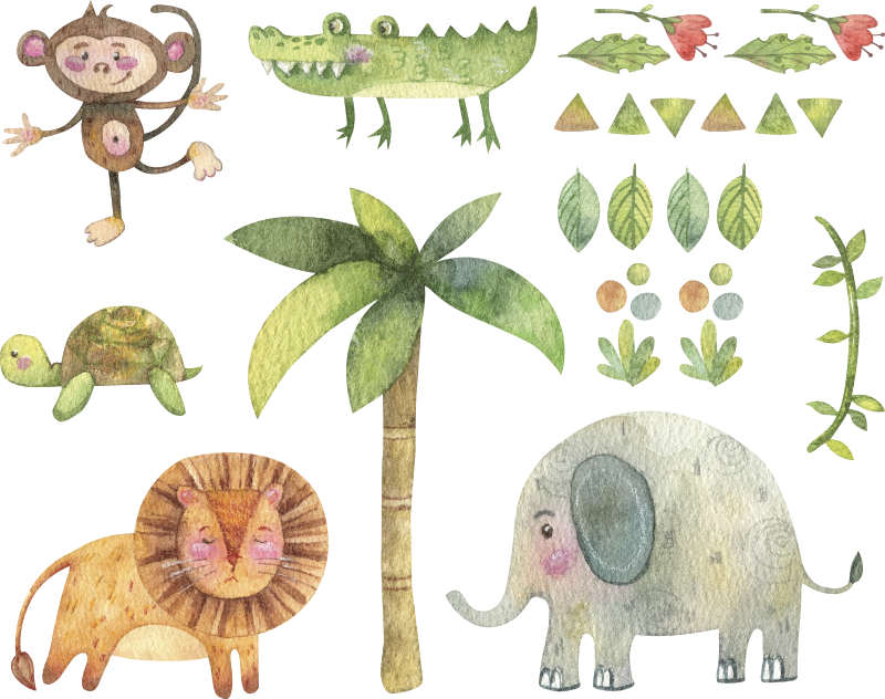 Tæppe til børneværelse med akvarel jungle dyr - TenStickers