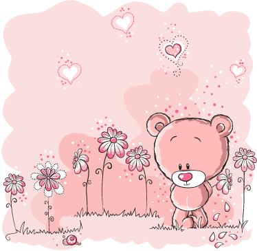 Tæppe til børneværelse med pink bjørn og blomster - TenStickers