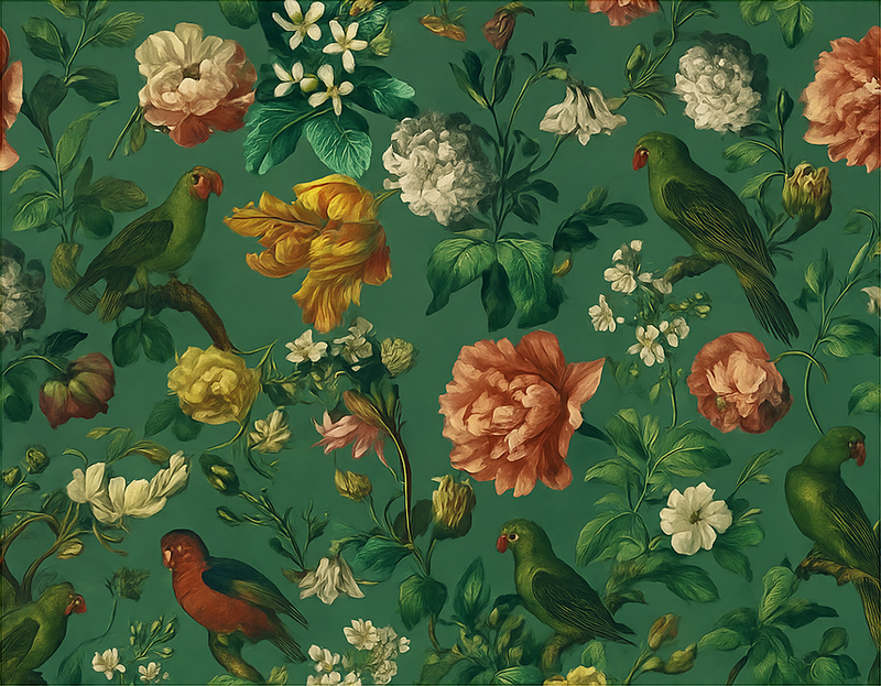 Vinyltæppe til soveværelse med mørkegrønne blomster og fugle - TenStickers