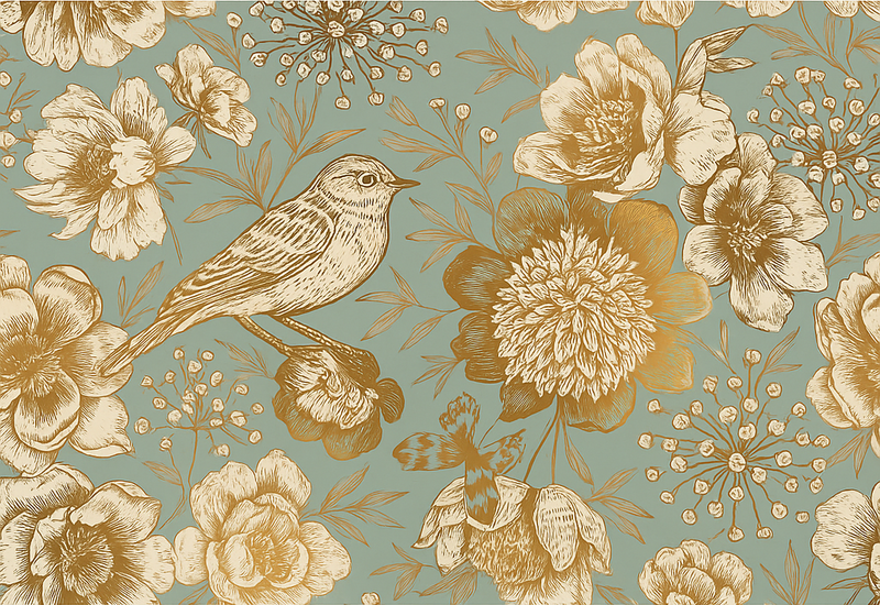 Vinyltæppe til soveværelse grå baggrund med guld blomster - TenStickers