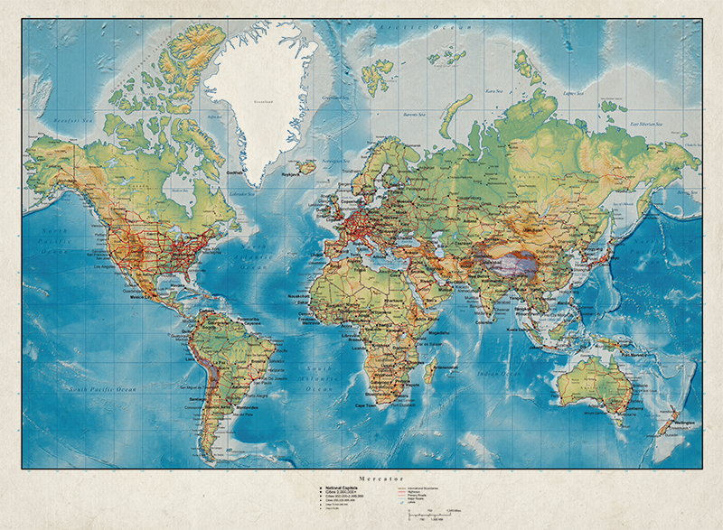 Verdenskort vinyl tæppe mercator - TenStickers