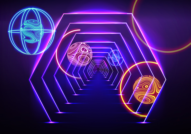 Lilla vinyl tæppe neon hexagonal tunnel udsigt - TenStickers