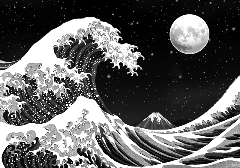 Sorte vinyl tæppe japansk kanagawa bølge om natten - TenStickers