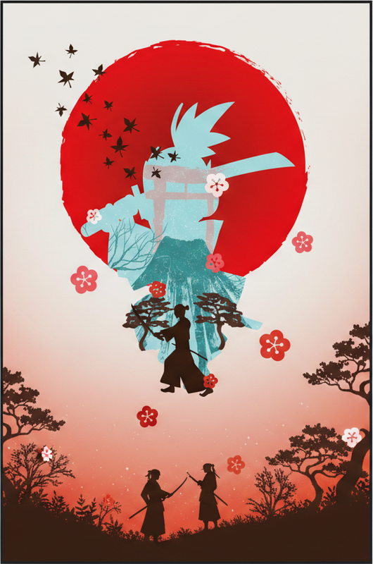Rød vinyl tæppe med anime fighter solnedgang illustration - TenStickers