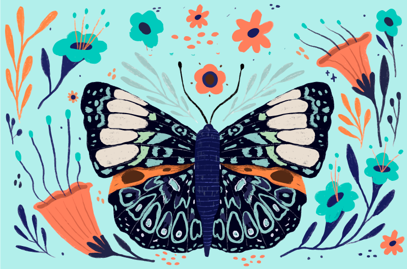 Farverige sommerfugledetaljer Blomster og planter vinyltæppe - TenStickers