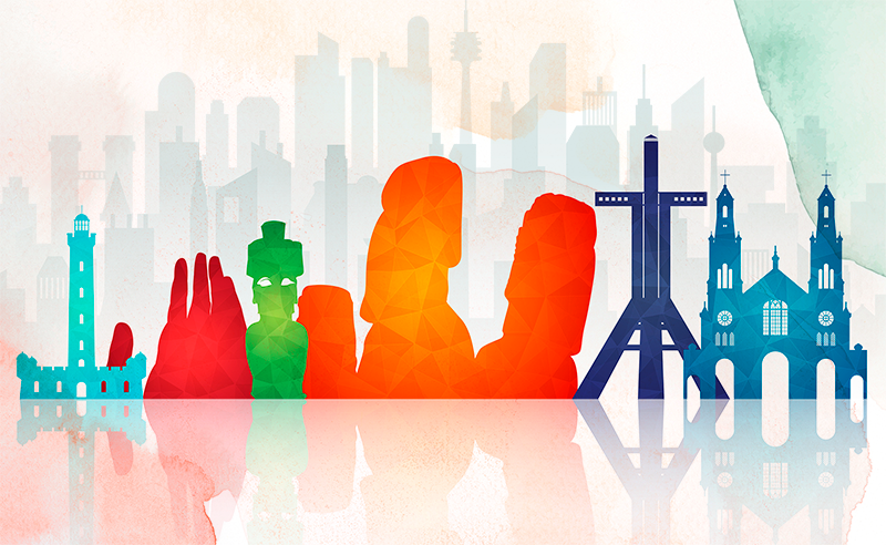 Farverige skyline silhuetter vinyl tæppe til kontor - TenStickers
