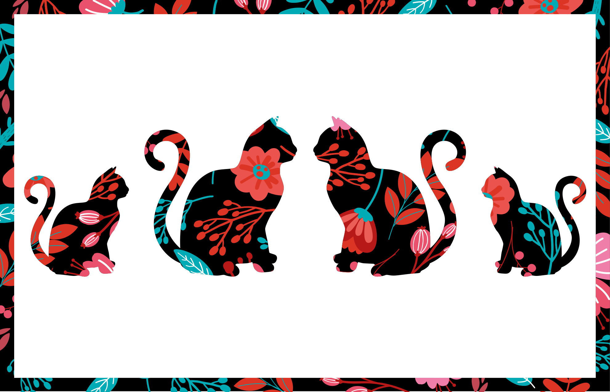 Farverige kattesilhuetter Blomster og planter vinyltæppe - TenStickers