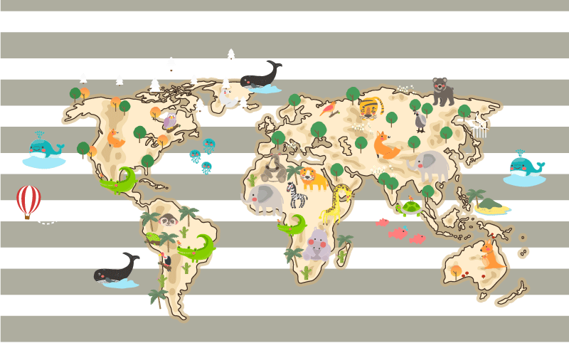 Farverig dyr illustration verdenskort vinyl tæppe - TenStickers