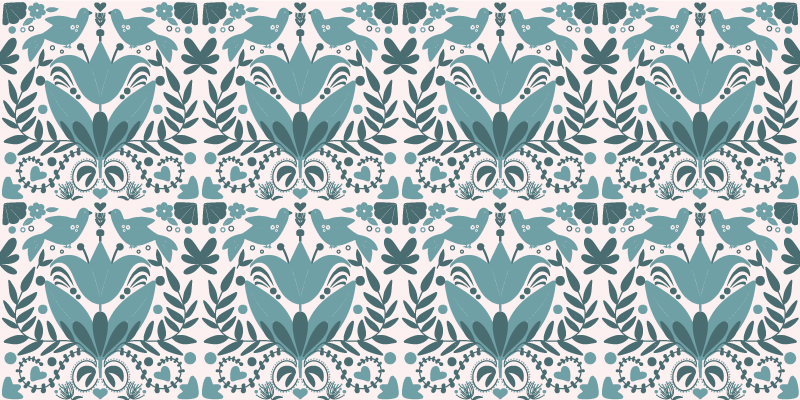 Blå folkekunstmønster med fugleblomstret tæppe - TenStickers