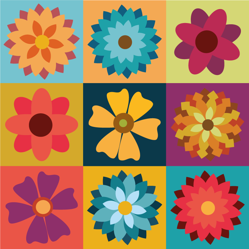 Multicolor hippie blomster vinyl tæppe med fliseeffekt - TenStickers