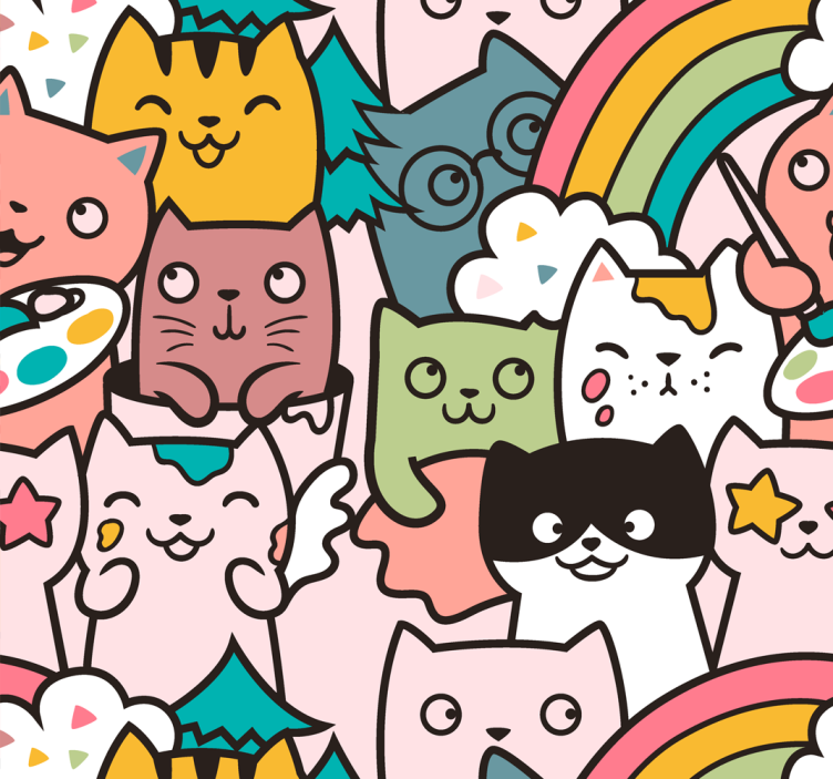Tapet til soveværelse katte doodle pastelfarver - TenStickers