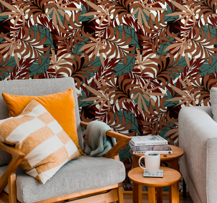 Abstrakt botanisk vægmaleri tapet blade - TenStickers