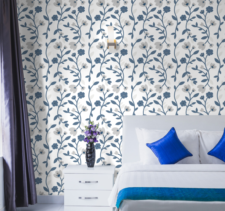 Abstrakte blomster blå og grå blomst tapet - TenStickers
