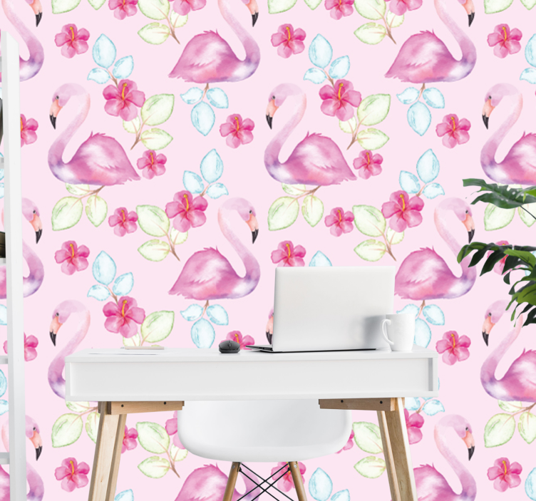 Blomsteragtige flamingoer tapet med dyr - TenStickers