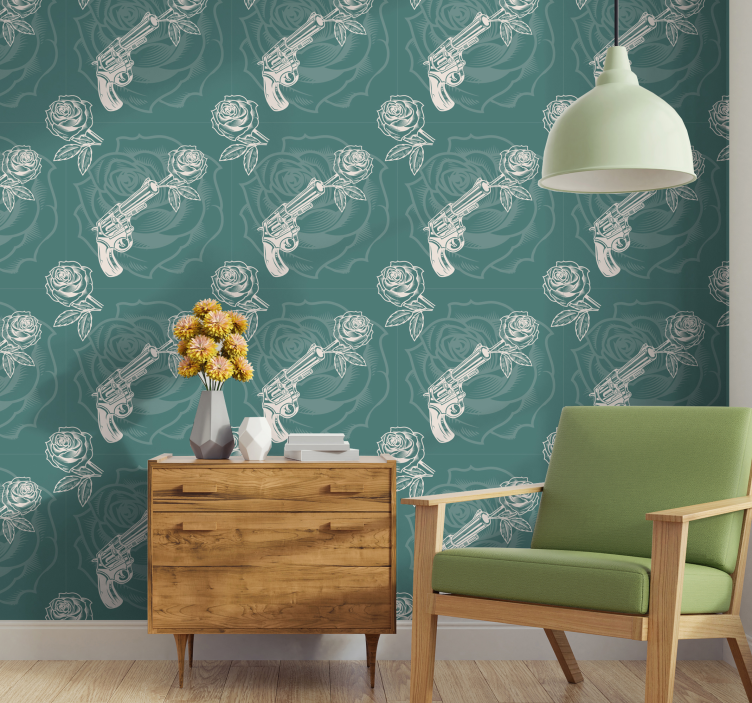Cowboy revolver og rose natur tapet - TenStickers