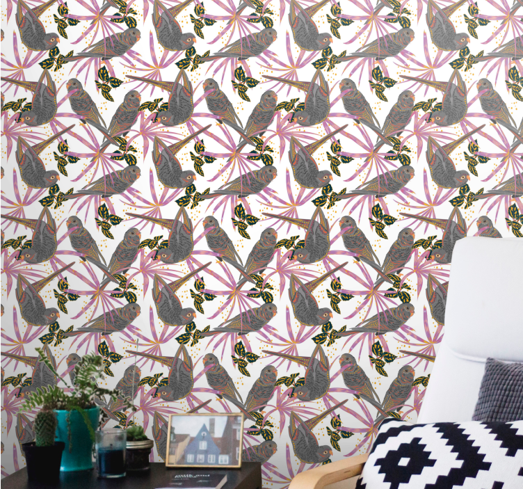 Farverige blade tapet med fugle - TenStickers