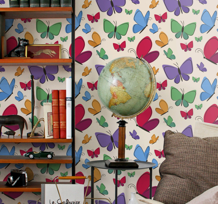 Farverigt motiv på beige baggrund tapet sommerfugl - TenStickers