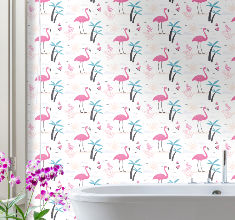 Flamingo tropisk scene tapet med fugle - TenStickers