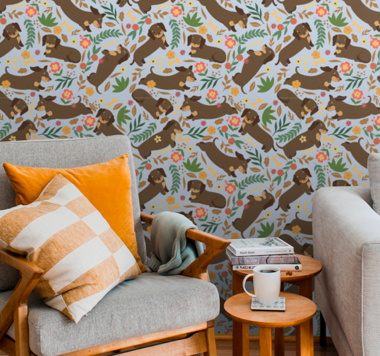 Gravhund og blomster mønster natur tapet - TenStickers