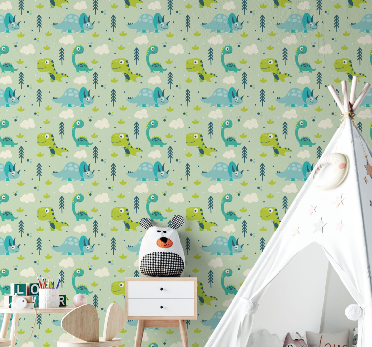 Grøn baggrund børnehave dinosaurus tapet - TenStickers