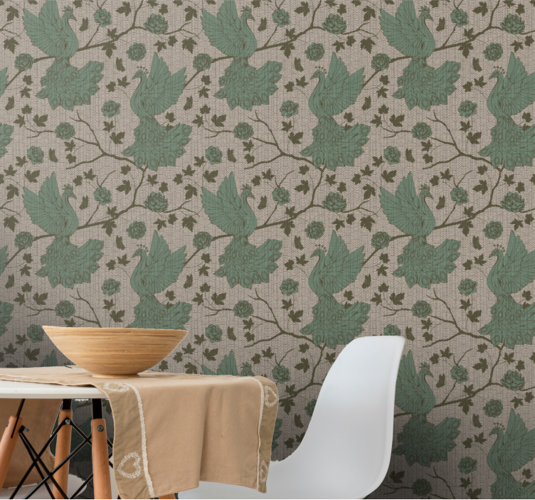 Grønne fugle på jute baggrund tapet - TenStickers